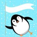 Penguin slides on the ice, winks, holds a flag with space for text. Vector cartoon illustration Royalty Free Stock Photo
