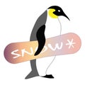 Penguin with snowboard. Winter sport.