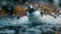 Penguin Splashing in Water on Rainy Day