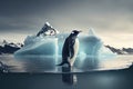 A penguin standing alone on an iceberg, with a bleak, snowy landscape stretching out in every direction, ai illustration Royalty Free Stock Photo