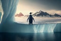 A penguin standing alone on an iceberg, with a bleak, snowy landscape, generative ai illustration Royalty Free Stock Photo