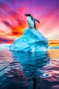 A penguin standing on top of an iceberg in the ocean Royalty Free Stock Photo