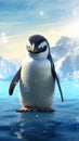 A penguin stands on a cliff with icebergs in the background. Generative AI