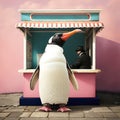 A penguin stands in front of a ticket booth with a man in a top hat in the background Royalty Free Stock Photo