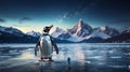 Majestic Gentoo Penguin on Frozen Lake with Mountain Panorama Royalty Free Stock Photo