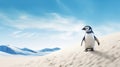 Vibrant Penguin On Snowy Sand Desert Background