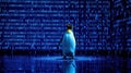 Penguin standing on a wet surface in front of a blue digital background displaying binary code. A surreal and intriguing image Royalty Free Stock Photo