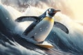 Penguin surfing. Generative AI. Royalty Free Stock Photo