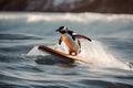 Penguin surfing the surfboard with Antarctica glacier in the background.