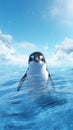 Penguin Swimming in the Ocean With Icebergs in the Background. Generative AI.