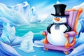 Penguin with top hat, carrot and nose sitting in chair at the North Pole. Holiday background