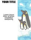 Penguin Family Hand Painted Water Color Painting Antarctica Copy Space