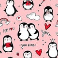 Penguin vector seamless pattern. Funny animals background. Cartoon hand drawn texture with cute characters. Doodle style Royalty Free Stock Photo