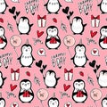 Penguin vector seamless pattern. Funny animals background. Cartoon hand drawn texture with cute characters. Doodle style Royalty Free Stock Photo