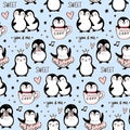 Penguin vector seamless pattern. Funny animals background. Cartoon hand drawn texture with cute characters. Doodle style Royalty Free Stock Photo