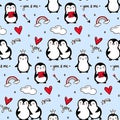 Penguin vector seamless pattern. Funny animals background. Cartoon hand drawn texture with cute characters. Doodle style Royalty Free Stock Photo