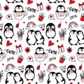 Penguin vector seamless pattern. Funny animals background. Cartoon hand drawn texture with cute characters. Doodle style Royalty Free Stock Photo