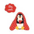 Penguin in warm red blanket sitting and drinking hot cocoa with marshmallows