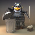 Penguin warrior samurai character cleaning up with a broom and rubbish bin, 3d illustration