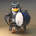 Penguin warrior samurai 3d character beating on a bass drum, 3d illustration