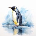 Highly Detailed Watercolor Penguin Painting On Water