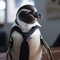 A penguin wearing a blue necktie