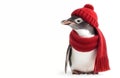 Penguin wearing red winter knitted hat and scarf, standing on white background looking to side at blank copy space.