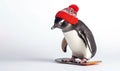 Penguin wearing red winter knitted hat standing on snowboard, on white background with blank copy space.