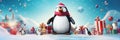 A penguin wearing a santa hat and scarf. Generative AI image. Royalty Free Stock Photo