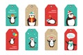 Penguin xmas label tag sticker fun flat set vector