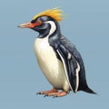 Penguin with yellow hair on its head. The penguin has an orange beak and stands in front of blue background. It appears