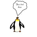 Penguin yells raising his head. Doodle flat colorful illustration. Vintage sketch pattern with black penguin hand drawn on white