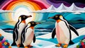 Penguins on the background of the rainbow. 3D illustration, AI generated.