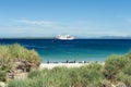 Falkland Islands, penguins at beautiful beach, cruiser on blue ocean Royalty Free Stock Photo