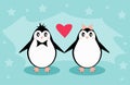 Penguins on a blue background. Valentine`s day concept. Animals flat illustration Royalty Free Stock Photo