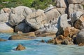 Penguins at Boulders Beach in South Africa. Birds enjoying and playing on the rocks on an empty seaside beach. Animals Royalty Free Stock Photo