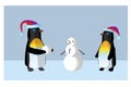 Penguins are building snowman, Christmas card