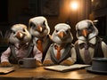 Penguins in business attire having studio meeting