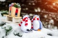 Penguins carry a gift on a sled Royalty Free Stock Photo