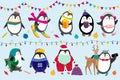 Penguins celebrate Christmas vector illustration happy funny animal characters in winter and New Year costume