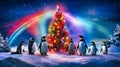 Arctic penguins celebrating around a multi colored lit Christmas tree.Generative AI