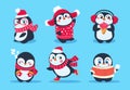 Penguins. Christmas penguin characters in winter clothes. Xmas holiday cute vector cartoon mascots Royalty Free Stock Photo