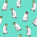 Penguins walking in sequence, hand drawn doodle, sketch, seamless pattern design on turquoise
