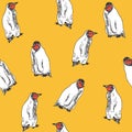 Penguins walking, hand drawn doodle, sketch, seamless pattern design on yellow