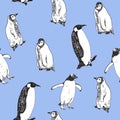 Penguins walking, hand drawn doodle, sketch, seamless pattern design on blue