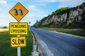 Penguins crossing sign near Blue Penguin colony in Oamaru, New Zealand Royalty Free Stock Photo