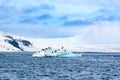 Penguins drifting on ice floe in Southern Ocean surrounded by beautiful landscape at Paulet Island