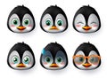 Penguins emoji or emoticon face vector set. Penguin emoji animal face wearing sunglasses with happy, scared, crying, and sad.