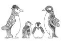 Penguins family line art design for coloring book for adult , T - shirt design and other decorations