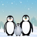 Penguins family in winter landscape